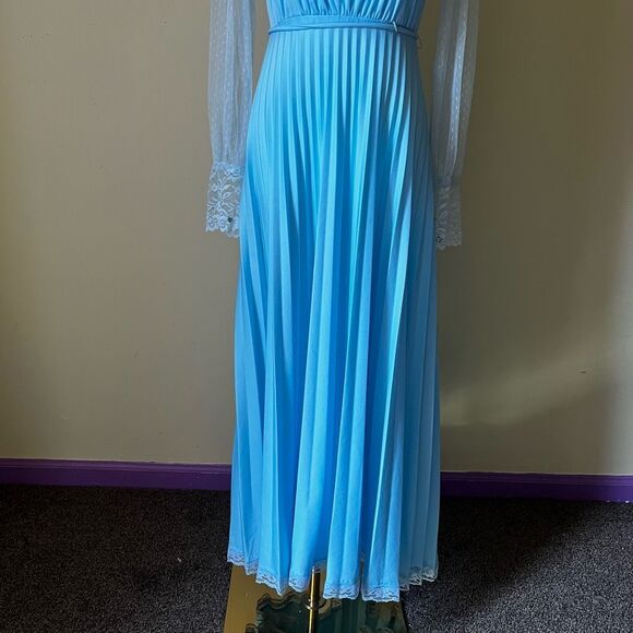 Vintage 70s Blue Lace Long Sleeve Nightgown Hostess Dress Victorian Small - Picture 4 of 12
